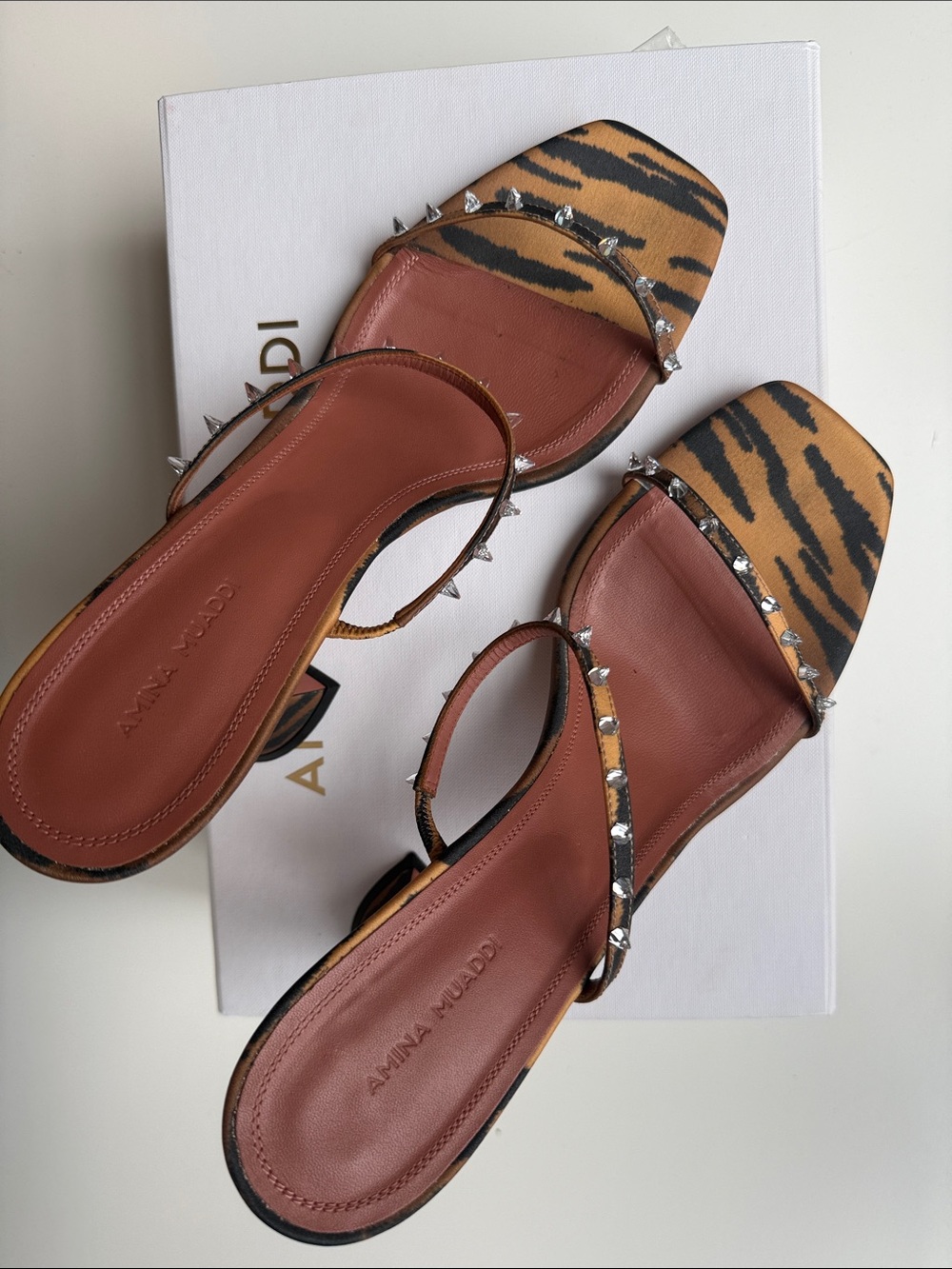 Amina Muaddi Tiger-Print Satin Karma Mule